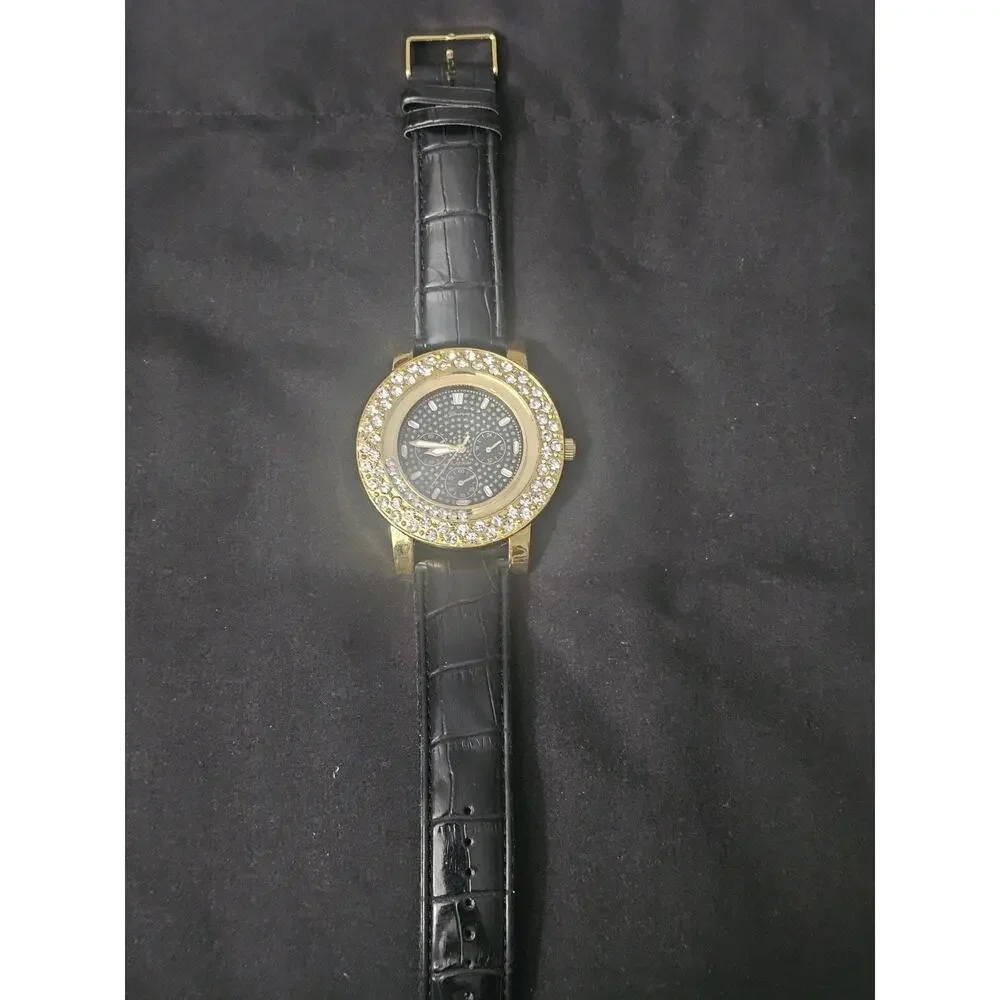 56.6mm gold tonecrystal bezel Fashion Analog Quartz watch w/Genuine Leather Band